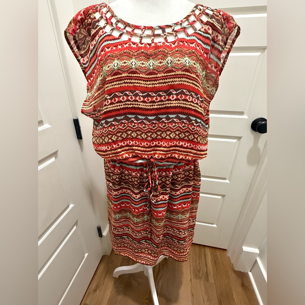 City Triangles. Lattice Neck Draw String Dress. Tribal Print. Size Large.